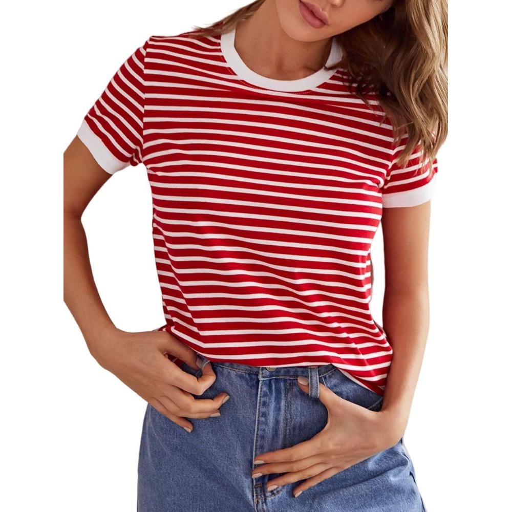 imageFloerns Womens Casual Striped Crew Neck Short Sleeve T Shirts Tee TopsA Red and White