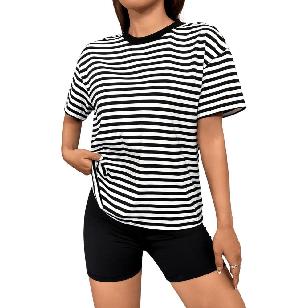 imageFloerns Womens Casual Striped Crew Neck Short Sleeve T Shirts Tee TopsBlack White Multi