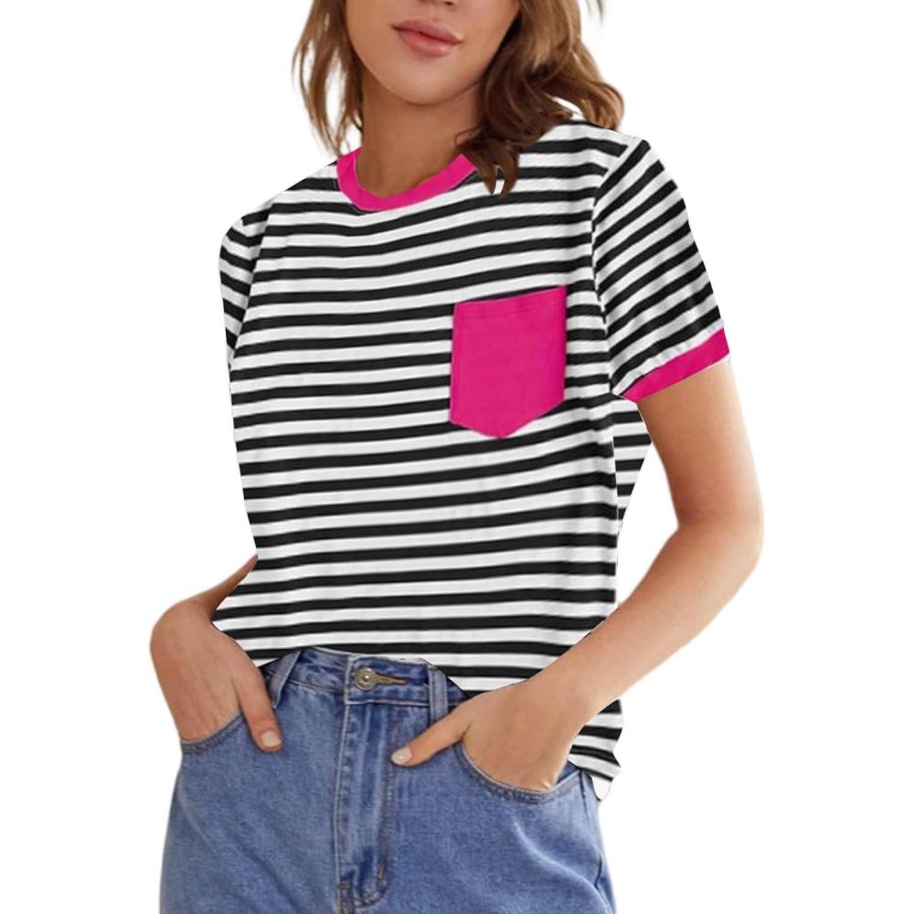 imageFloerns Womens Casual Striped Crew Neck Short Sleeve T Shirts Tee TopsBlack White Pink Multi