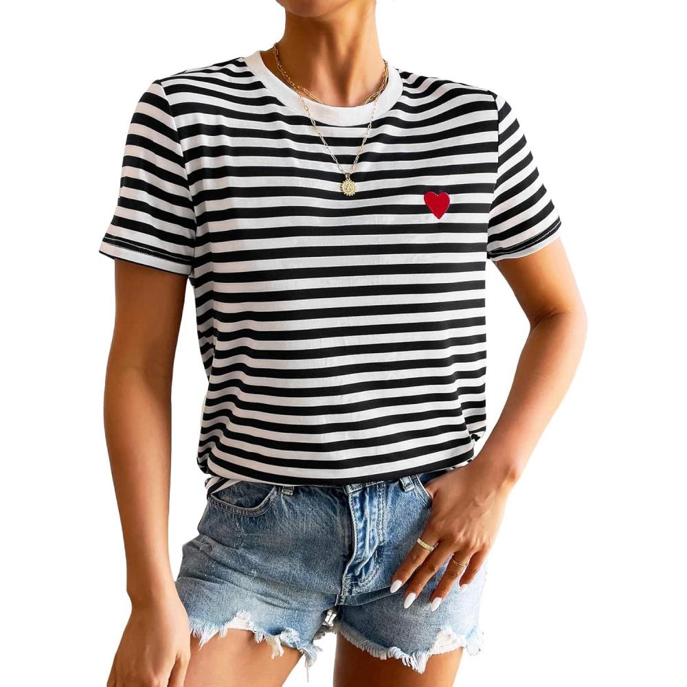 imageFloerns Womens Casual Striped Crew Neck Short Sleeve T Shirts Tee TopsBlack White Striped