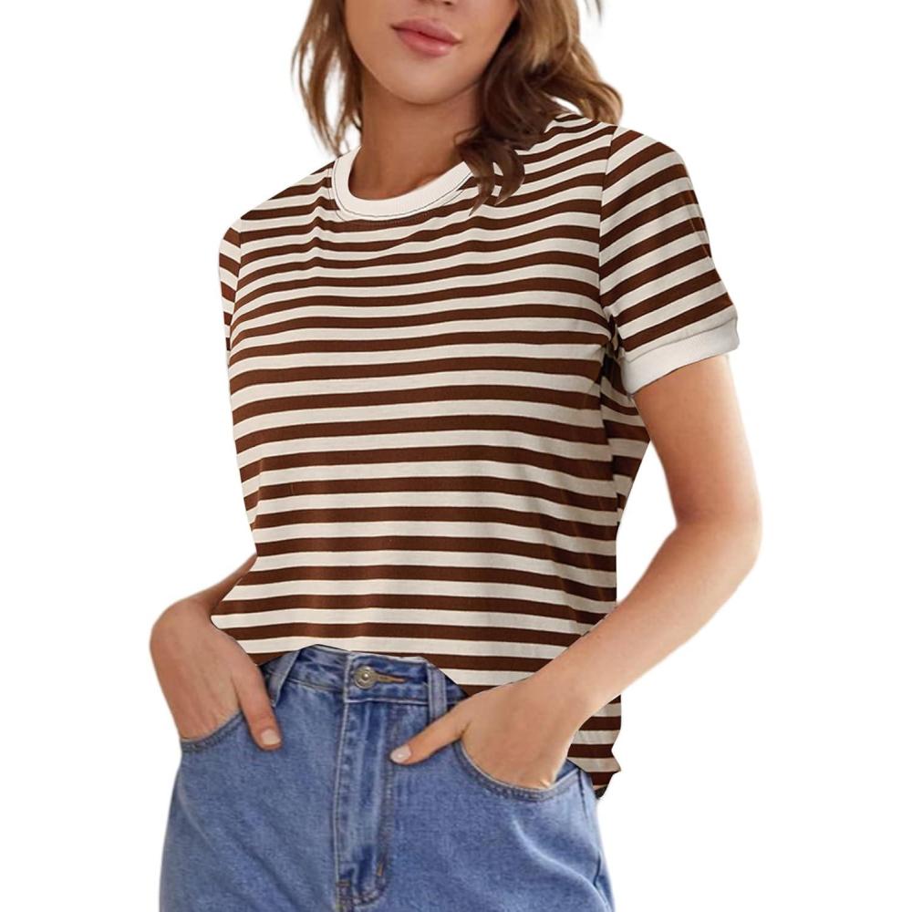 imageFloerns Womens Casual Striped Crew Neck Short Sleeve T Shirts Tee TopsBrown Khaki