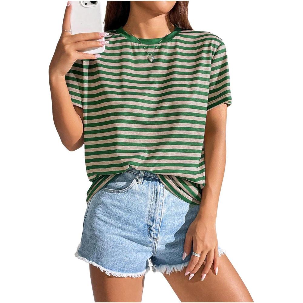 imageFloerns Womens Casual Striped Crew Neck Short Sleeve T Shirts Tee TopsGreen and Khaki