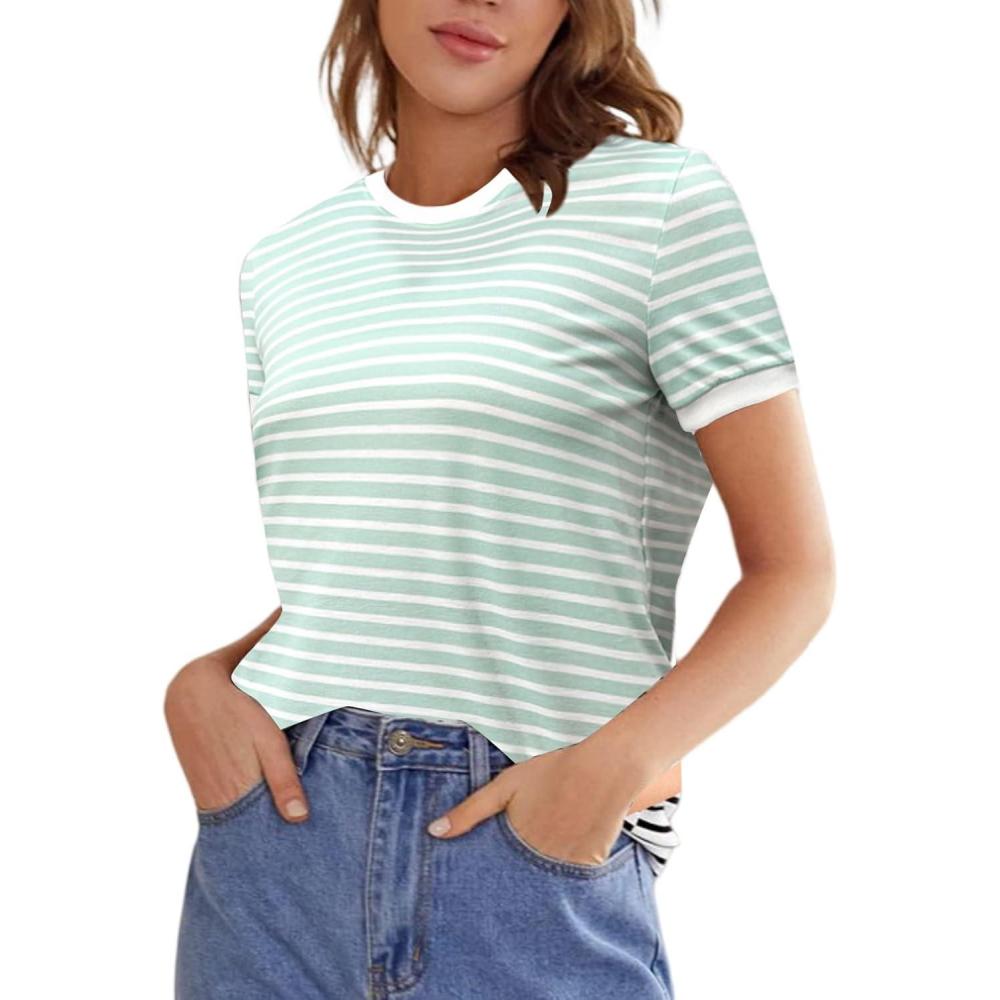 imageFloerns Womens Casual Striped Crew Neck Short Sleeve T Shirts Tee TopsMint Green