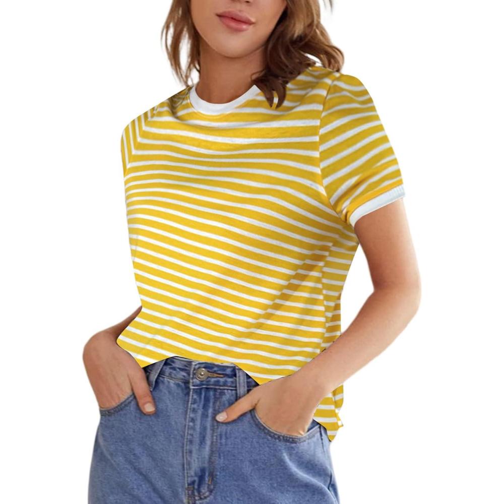 imageFloerns Womens Casual Striped Crew Neck Short Sleeve T Shirts Tee TopsYellow