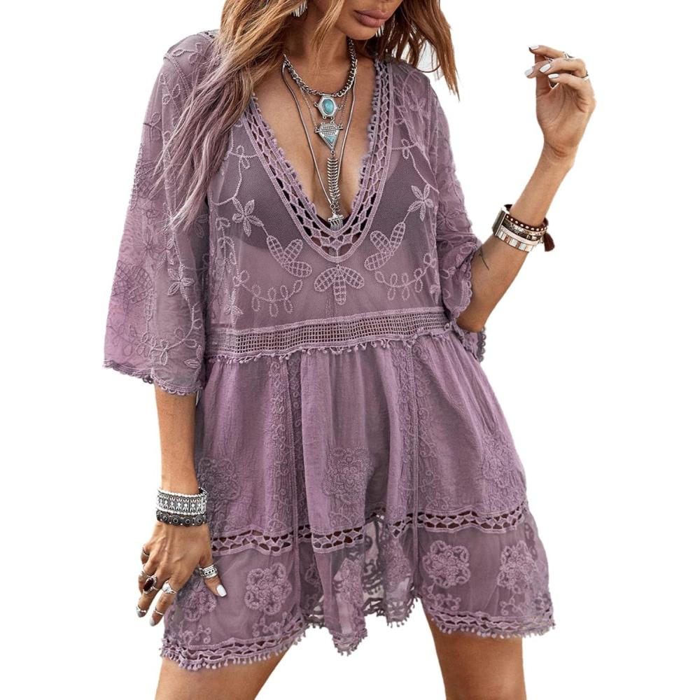 imageFloerns Womens Contrast Lace Plunging V Neck Bikini Cover Up Beach Dress Bathing SuitPurple