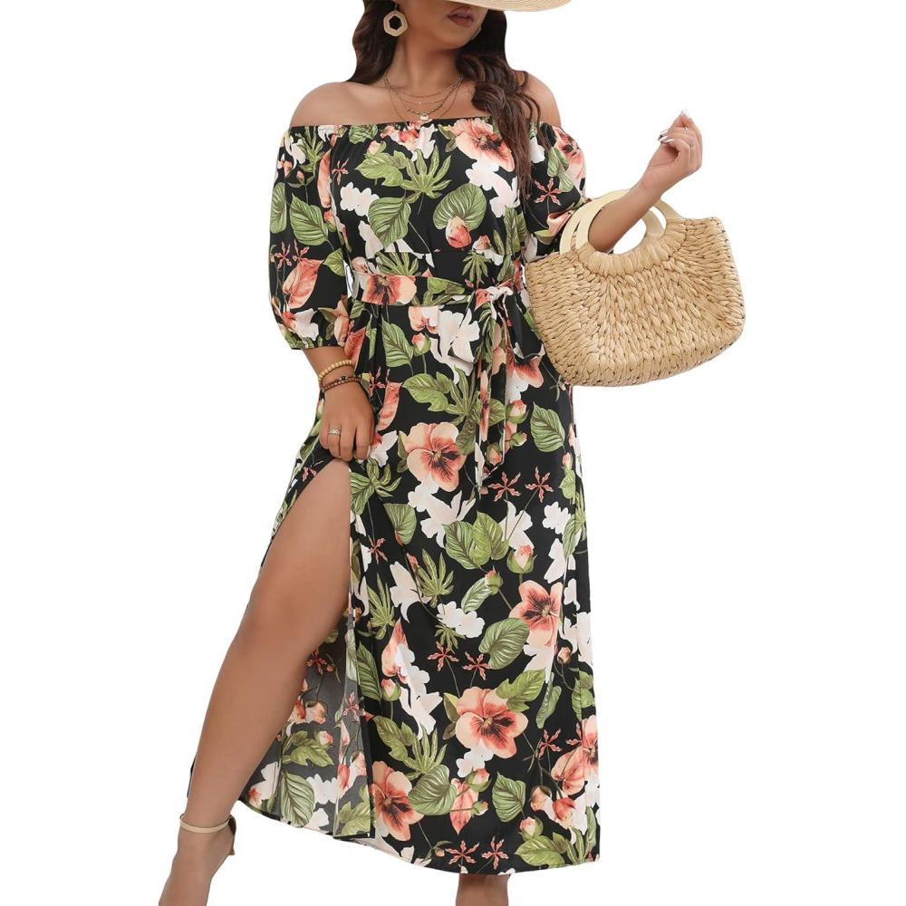 imageFloerns Womens Plus Size Boho Tropical Print Off Shoulder Belted Slit Long Dress