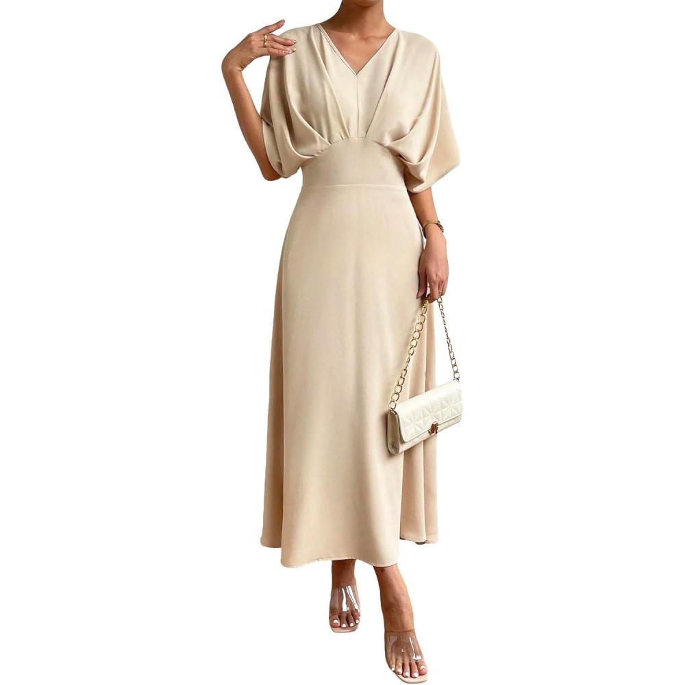 imageFloerns Womens V Neck Half Sleeve Ruched Cocktail Evening A Line Long DressApricot
