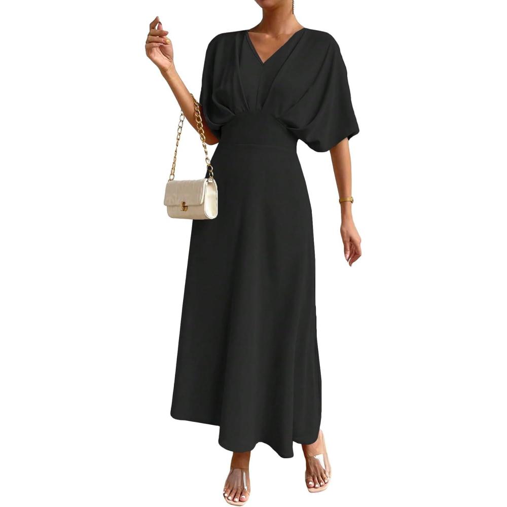 imageFloerns Womens V Neck Half Sleeve Ruched Cocktail Evening A Line Long DressBlack