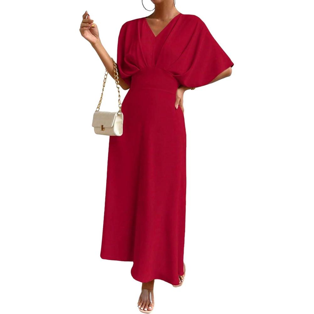 imageFloerns Womens V Neck Half Sleeve Ruched Cocktail Evening A Line Long DressBurgundy Solid
