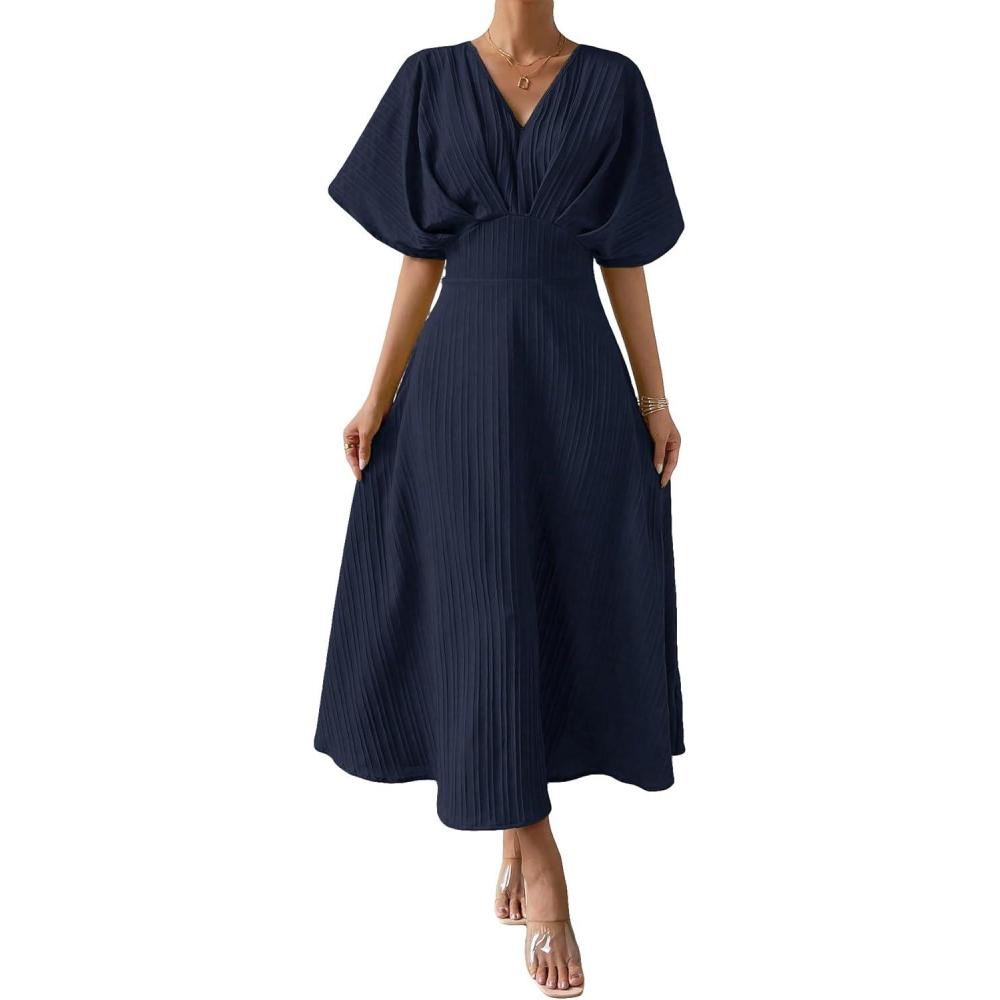 imageFloerns Womens V Neck Half Sleeve Ruched Cocktail Evening A Line Long DressDark Blue