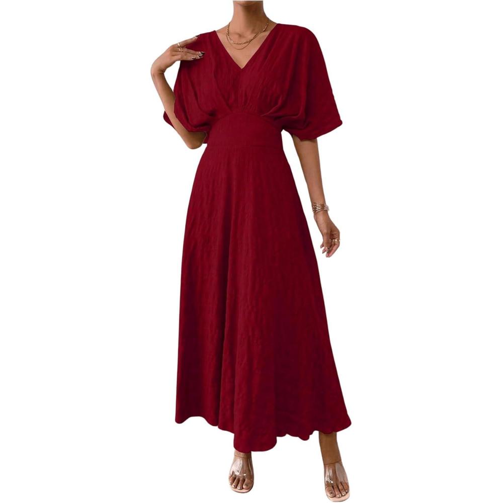 imageFloerns Womens V Neck Half Sleeve Ruched Cocktail Evening A Line Long DressDark Burgundy