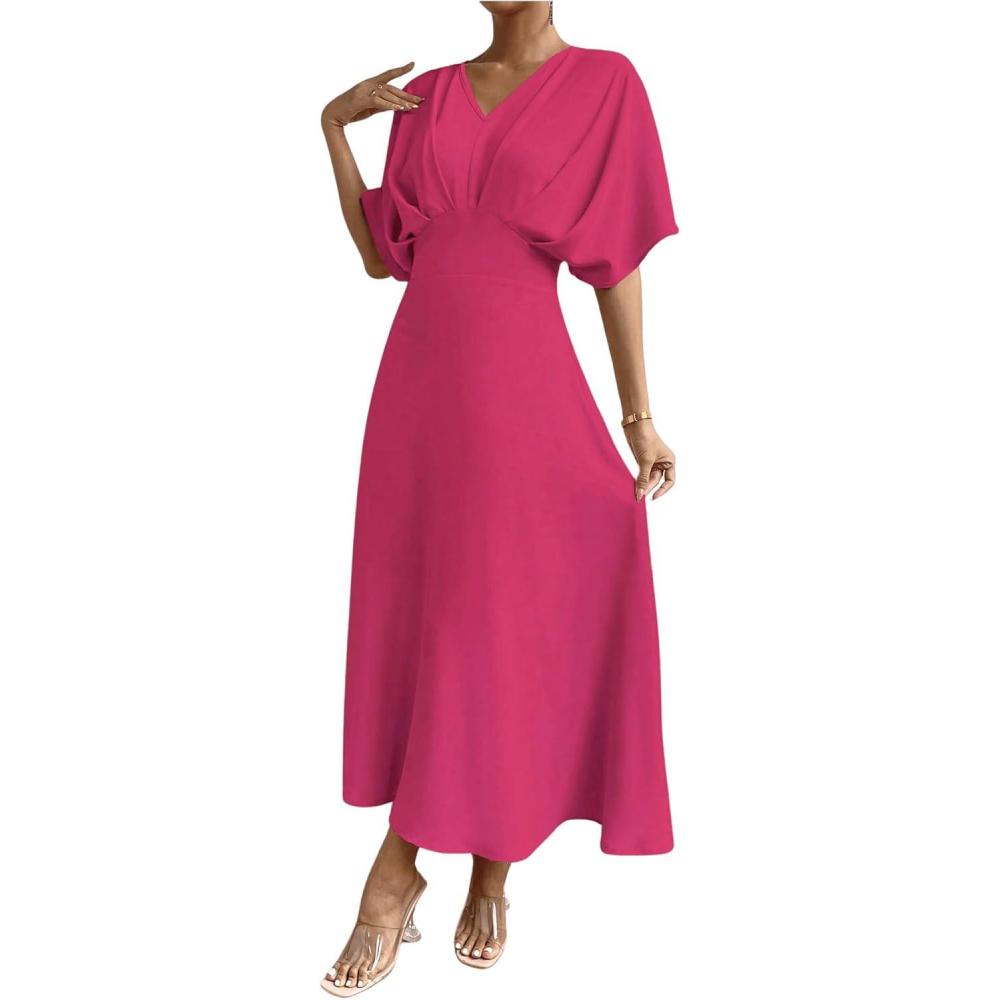imageFloerns Womens V Neck Half Sleeve Ruched Cocktail Evening A Line Long DressHot Pink