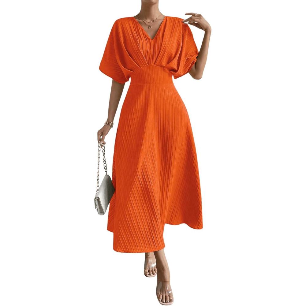 imageFloerns Womens V Neck Half Sleeve Ruched Cocktail Evening A Line Long DressOrange