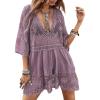 imageFloerns Womens Contrast Lace Plunging V Neck Bikini Cover Up Beach Dress Bathing SuitPurple