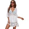 imageFloerns Womens Contrast Lace Plunging V Neck Bikini Cover Up Beach Dress Bathing SuitWhite