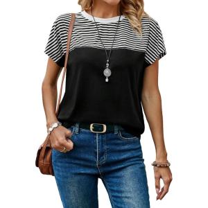 imageFloerns Womens Casual Striped Crew Neck Short Sleeve T Shirts Tee TopsBlack Ink White