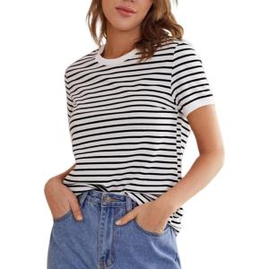 imageFloerns Womens Casual Striped Crew Neck Short Sleeve T Shirts Tee TopsBlack and White