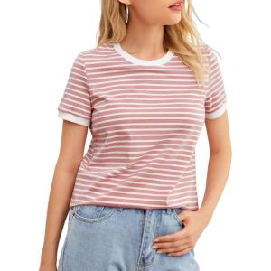 imageFloerns Womens Casual Striped Crew Neck Short Sleeve T Shirts Tee TopsDusty Pink