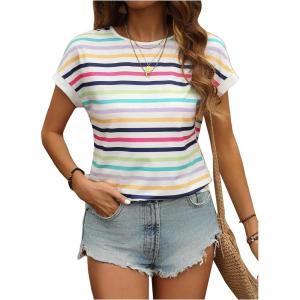 imageFloerns Womens Casual Striped Crew Neck Short Sleeve T Shirts Tee TopsPurple Multi