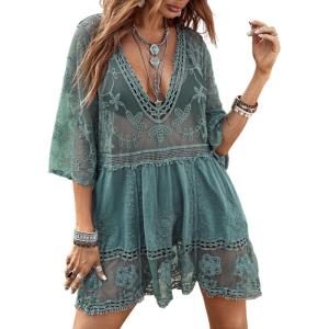imageFloerns Womens Contrast Lace Plunging V Neck Bikini Cover Up Beach Dress Bathing SuitA Green