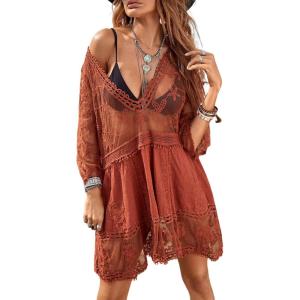imageFloerns Womens Contrast Lace Plunging V Neck Bikini Cover Up Beach Dress Bathing SuitBurnt Orange