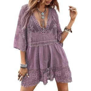 imageFloerns Womens Contrast Lace Plunging V Neck Bikini Cover Up Beach Dress Bathing SuitPurple