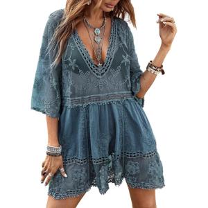 imageFloerns Womens Contrast Lace Plunging V Neck Bikini Cover Up Beach Dress Bathing SuitSky Blue