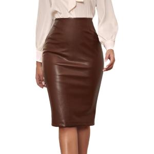 imageFloerns Womens Solid PU Leather High Waist Bodycon Pencil Midi SkirtA Coffee Brown
