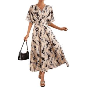 imageFloerns Womens V Neck Half Sleeve Ruched Cocktail Evening A Line Long DressApricot and Black