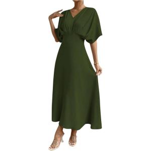 imageFloerns Womens V Neck Half Sleeve Ruched Cocktail Evening A Line Long DressArmy Green