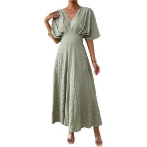 imageFloerns Womens V Neck Half Sleeve Ruched Cocktail Evening A Line Long DressBean Green