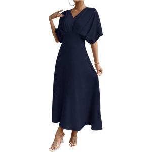 imageFloerns Womens V Neck Half Sleeve Ruched Cocktail Evening A Line Long DressBlue Ink