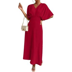 imageFloerns Womens V Neck Half Sleeve Ruched Cocktail Evening A Line Long DressBurgundy Solid