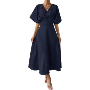 imageFloerns Womens V Neck Half Sleeve Ruched Cocktail Evening A Line Long DressDark Blue