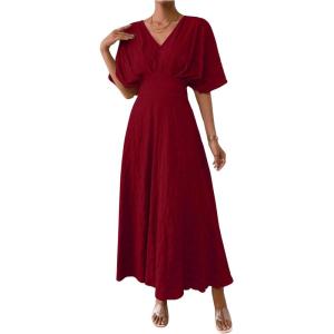 imageFloerns Womens V Neck Half Sleeve Ruched Cocktail Evening A Line Long DressDark Burgundy