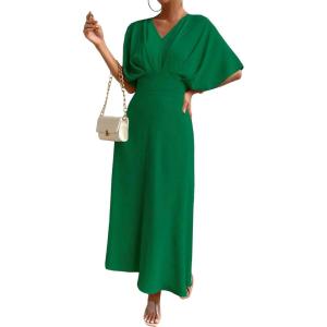 imageFloerns Womens V Neck Half Sleeve Ruched Cocktail Evening A Line Long DressDark Green