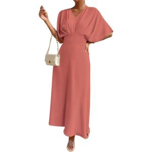 imageFloerns Womens V Neck Half Sleeve Ruched Cocktail Evening A Line Long DressDusty Pink