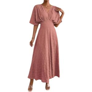 imageFloerns Womens V Neck Half Sleeve Ruched Cocktail Evening A Line Long DressGrey Pink