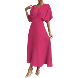 imageFloerns Womens V Neck Half Sleeve Ruched Cocktail Evening A Line Long DressHot Pink