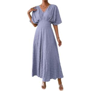 imageFloerns Womens V Neck Half Sleeve Ruched Cocktail Evening A Line Long DressMauve Purple