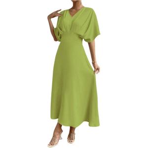 imageFloerns Womens V Neck Half Sleeve Ruched Cocktail Evening A Line Long DressOlive Green