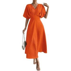 imageFloerns Womens V Neck Half Sleeve Ruched Cocktail Evening A Line Long DressOrange