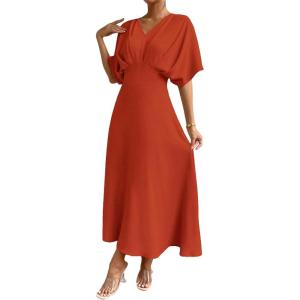 imageFloerns Womens V Neck Half Sleeve Ruched Cocktail Evening A Line Long DressRust Brown