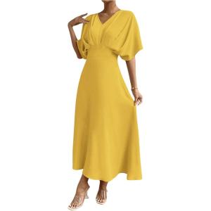 imageFloerns Womens V Neck Half Sleeve Ruched Cocktail Evening A Line Long DressSolid Yellow