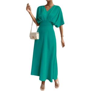 imageFloerns Womens V Neck Half Sleeve Ruched Cocktail Evening A Line Long DressTeal Blue