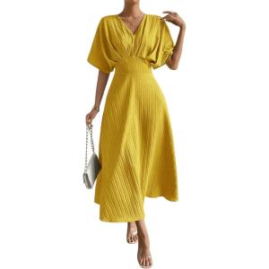imageFloerns Womens V Neck Half Sleeve Ruched Cocktail Evening A Line Long DressYellow