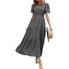 imageFloerns Womens Boho Floral Short Sleeve Crew Neck A Line Smocked Maxi DressBlack Floral