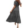 imageFloerns Womens Boho Floral Short Sleeve Crew Neck A Line Smocked Maxi DressBlack Floral