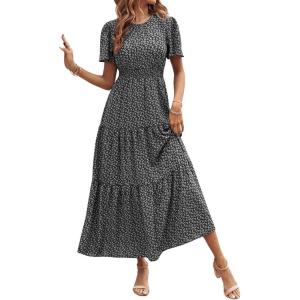 imageFloerns Womens Boho Floral Short Sleeve Crew Neck A Line Smocked Maxi DressBlack Floral
