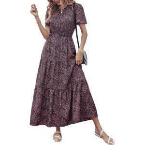 imageFloerns Womens Boho Floral Short Sleeve Crew Neck A Line Smocked Maxi DressRed Flower Multi